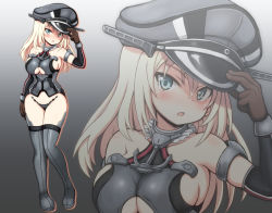 Rule 34 | 1girl, :o, adapted costume, adjusting clothes, adjusting headwear, anchor, arm at side, arm up, armlet, bismarck (kancolle), black footwear, blonde hair, blue eyes, blush, boots, breasts, brown gloves, clothing cutout, collar, collarbone, commentary request, detached sleeves, frame arms girl, full body, gloves, gradient background, grey background, hair between eyes, hand on headwear, hat, head tilt, hiraga daidai, kantai collection, long sleeves, looking at viewer, medium breasts, open mouth, peaked cap, sideboob, solo, standing, thigh boots, thighhighs, underboob, underboob cutout, zoom layer