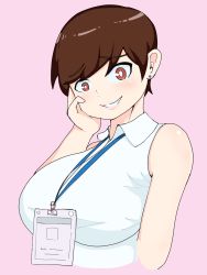 Rule 34 | 1girl, bare arms, bare shoulders, borrowed character, breasts, brown hair, collared shirt, cropped torso, earrings, facing viewer, hand on own cheek, hand on own face, highres, id card, jewelry, journeymanappr1, lanyard, large breasts, looking at viewer, olive laurentia, original, pink background, pixie cut, red eyes, shirt, simple background, sleeveless, sleeveless shirt, smile, solo, stud earrings, white shirt, wing collar