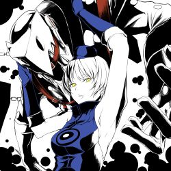Rule 34 | 1girl, arm up, armpits, atlus, bad id, bad pixiv id, blue dress, dress, elbow gloves, elizabeth (persona), gloves, hat, kiyomasa f, persona, persona 3, persona 4: the ultimate in mayonaka arena, short hair, thanatos (persona), upper body, white hair, yellow eyes
