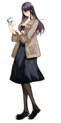 Rule 34 | 1girl, artist name, black skirt, book, brown jacket, brown pantyhose, closed mouth, commentary, from side, glasses, grey shirt, highres, holding, holding book, jacket, kamishiro rize, long hair, looking at viewer, open book, open clothes, open jacket, pantyhose, purple hair, shirt, simple background, skirt, solo, tokyo ghoul, white background, yourfreakyneighbourh