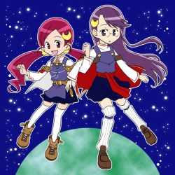 Rule 34 | 2girls, belt, cape, cosplay, crescent, crescent hair ornament, hair ornament, hanasaki tsubomi, heartcatch precure!, long hair, multiple girls, open mouth, precure, purple eyes, purple hair, red eyes, red hair, rena lanford, rena lanford (cosplay), space, star ocean, star ocean the second story, thighhighs, tsukikage yuri, twintails