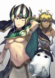 Rule 34 | 1girl, ;), armlet, black hair, blue eyes, breasts, cosplay, costume switch, egyptian, gradient background, hat, isis (p&amp;d), isis (p&amp;d) (cosplay), jewelry, long hair, medium breasts, medjedra, midriff, navel, necklace, one eye closed, osiris (p&amp;d), osiris (p&amp;d) (cosplay), puzzle &amp; dragons, rari (badominton), smile, star (symbol), tamadra, underboob