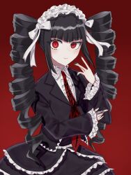 Rule 34 | 1girl, black hair, black nails, bonnet, celestia ludenberg, center frills, claw ring, danganronpa: trigger happy havoc, danganronpa (series), drill hair, frilled jacket, frills, gothic lolita, hand up, highres, jacket, jewelry, layered skirt, lolita fashion, long hair, long sleeves, looking at viewer, nail polish, necktie, print necktie, red background, red eyes, red necktie, simple background, skirt, smile, solo, twin drills, twintails, wei migan