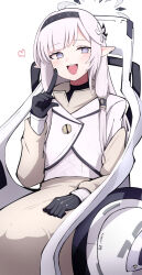 Rule 34 | 1girl, black hairband, blue archive, blush, hair tubes, hairband, halo, highres, himari (blue archive), long hair, looking at viewer, open mouth, pointy ears, powered wheelchair, purple eyes, simple background, sitting, smile, solo, striped clothes, striped hairband, wheelchair, white background, white hair, yun (kbdenz9)