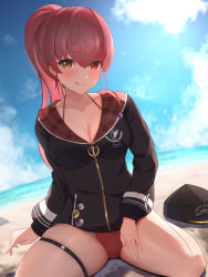 Rule 34 | 1girl, absurdres, anchor symbol, bad id, bad pixiv id, bare legs, baseball cap, beach, bikini, bikini under clothes, black jacket, blush, breasts, cleavage, collarbone, fisheye, hair between eyes, halterneck, hat, unworn hat, unworn headwear, heterochromia, highres, hololive, hololive fantasy, hood, hooded jacket, houshou marine, houshou marine (summer), jacket, large breasts, licking lips, long hair, long sleeves, looking at viewer, o-ring, o-ring thigh strap, ocean, partially unzipped, pin, ponytail, red bikini, red eyes, red hair, sitting, skindentation, sky, smile, solo, string bikini, swimsuit, thigh strap, tokutokenzen, tongue, tongue out, virtual youtuber, wariza, water, yellow eyes