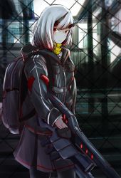 Rule 34 | 1girl, absurdres, ash (shikkoku no tsubasa), backpack, bag, chain-link fence, fence, gun, highres, horns, huge filesize, looking at viewer, original, red eyes, science fiction, skirt, solo, weapon, white hair