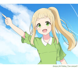 ! !! 1girl birthday blonde_hair blush character_name cloud day dot_nose english_text female_focus green_eyes happy_birthday highres inose_mai koisuru_asteroid long_hair looking_at_viewer mitabi12 open_mouth outdoors pointing ponytail sky solo standing