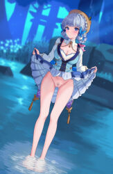 Rule 34 | 1girl, absurdres, ayaka (genshin impact), blue butterfly, blue dress, blue eyes, blue hair, blunt bangs, blunt tresses, blush, braid, braided hair rings, breasts, brown hat, bug, butterfly, butterfly hair ornament, butterfly ring, cleavage, cleft of venus, clothes lift, collar, dress, embarrassed, flower, genshin impact, gluteal fold, hair flower, hair ornament, hat, hat flower, hat leaf, highres, insect, kamisato ayaka, kamisato ayaka (springbloom missive), large breasts, lifted by self, light blue hair, long sleeves, looking at viewer, mole, mole under eye, multicolored clothes, multicolored dress, neck tassel, official alternate costume, official alternate hairstyle, outdoors, partially submerged, pubic hair, puffy long sleeves, puffy sleeves, pussy, skirt, skirt lift, solo, standing, thighs, uncle dush, white collar