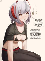 Rule 34 | 1girl, afterimage, arknights, bikini, bikini under clothes, black bikini, black pants, black shirt, breasts, brown eyes, cleavage, clothes lift, drooling, empty eyes, english text, eroborne, grey hair, highres, horns, hypnosis, large breasts, micro bikini, mind control, multicolored hair, navel, official alternate costume, pants, parted lips, pendulum, red hair, shirt, shirt lift, short hair, short sleeves, signature, simple background, sitting, solo, swimsuit, two-tone hair, w (arknights), w (fugue) (arknights), white background