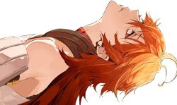 Rule 34 | 1boy, ahoge, bare shoulders, bishounen, fate/grand order, fate (series), head tilt, long hair, looking at viewer, male focus, pako (pakosun), parted lips, rama (fate), red eyes, red hair, solo