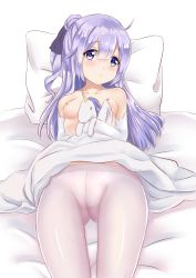 Rule 34 | 1girl, absurdres, ahoge, azur lane, bed sheet, black ribbon, blush, breasts, cameltoe, closed mouth, clothes lift, clothes pull, collarbone, crotch seam, dress, dress lift, dress pull, elbow gloves, gloves, hair bun, hair ribbon, hairband, highres, kanon (sinto), long hair, lying, nipples, hugging object, on back, one side up, pantyhose, pillow, purple eyes, purple hair, ribbon, side bun, single hair bun, single side bun, small breasts, solo, stuffed animal, stuffed pegasus, stuffed toy, stuffed unicorn, stuffed winged unicorn, topless, unicorn (azur lane), very long hair, white dress, white gloves, white pantyhose