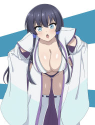 Rule 34 | &gt;:o, astaroth (sentouin haken shimasu!), black hair, blue eyes, blush, breasts, cleavage, collarbone, detached sleeves, eyelashes, feet out of frame, gluteal fold, hair between eyes, hands on own hips, highres, large breasts, leaning forward, long hair, looking at viewer, macaroni (dontakadx), open mouth, revealing clothes, sentouin hakenshimasu!, simple background, standing, sweatdrop, thighhighs, thighs, v-shaped eyebrows, white thighhighs, wide sleeves