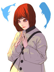 Rule 34 | 1girl, coat, dolphin, extraordinary attorney woo, highres, inkey (wzwing), long sleeves, medium hair, red eyes, red hair, short hair, simple background, solo, standing, steepled fingers, whale, woo young-woo