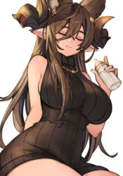 Rule 34 | 1girl, arm behind back, baby bottle, bad id, bad pixiv id, bare arms, bare shoulders, black dress, black hair, black sweater, blush, bottle, breasts, brown hair, closed eyes, closed mouth, draph, dress, facing viewer, galleon (granblue fantasy), granblue fantasy, hair between eyes, holding, holding bottle, horns, jewelry, koretsuki azuma, large breasts, milk, multicolored hair, necklace, no bra, pointy ears, sideboob, simple background, sitting, sleeveless, sleeveless sweater, smile, solo, streaked hair, sweater, sweater dress, two-tone hair, white background