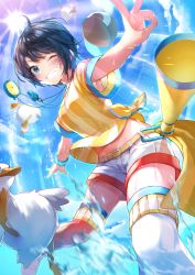 Rule 34 | 1girl, ;), alicecoco, asymmetrical legwear, bird, black hair, blue eyes, blue sky, blush, commentary request, day, duck, grin, highres, hololive, looking at viewer, megaphone, mismatched legwear, one eye closed, oozora subaru, oozora subaru (1st costume), outdoors, red thighhighs, shirt, short hair, short shorts, short sleeves, shorts, sky, smile, solo, stopwatch, stopwatch around neck, striped clothes, striped shirt, sun, thighhighs, v, vertical-striped clothes, vertical-striped shirt, virtual youtuber, watch, water, whistle, whistle around neck, white shorts, white thighhighs, wristband, yellow shirt