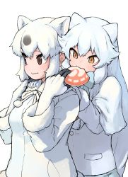 Rule 34 | 2girls, animal ears, arctic fox (kemono friends), bear ears, behind another, black gloves, black hair, bow, bowtie, brown eyes, capelet, closed mouth, eating, extra ears, feeding, food, fox ears, gloves, hand on another&#039;s hand, hands on another&#039;s shoulders, hands up, holding, holding food, jacket, japari bun, kemono friends, long hair, long sleeves, looking afar, looking down, medium hair, multicolored clothes, multicolored gloves, multicolored hair, multiple girls, pocket, polar bear (kemono friends), rumenia (ao2is), sidelocks, simple background, two-tone hair, upper body, white background, white capelet, white gloves, white hair, white jacket