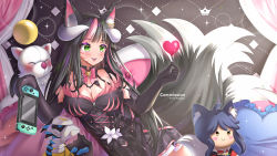 Rule 34 | 1girl, absurdres, ahoge, ahri (league of legends), alternate color, animal ear fluff, animal ears, artist name, asaki amber, bare shoulders, black gloves, black hair, blunt bangs, bow, breasts, brooch, cleavage, commentary, commission, corset, cowboy shot, creatures (company), cross-laced clothes, crown print, curled horns, curtains, demon girl, demon horns, ear ornament, ear piercing, earrings, elbow gloves, english commentary, english text, eyelashes, eyeshadow, facial mark, flower, forehead, fox ears, fox girl, fox tail, frilled skirt, frills, game freak, gen 4 pokemon, giratina, gloves, glowing, green eyes, heart, heart earrings, highres, horns, indie virtual youtuber, jewelry, kimgaby, kitsune, large breasts, legendary pokemon, light blush, lily (flower), lips, makeup, moogle, multicolored hair, nintendo, nintendo switch, open mouth, parted lips, piercing, pillow, pink bow, pink hair, pokemon, pokemon (creature), purple hair, shiny pokemon, sidelocks, skirt, smile, solo, sparkle, sparkling eyes, stuffed toy, tail, teeth, upper teeth only, virtual youtuber, whisker markings