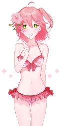 Rule 34 | 1girl, absurdres, ahoge, bad id, bad twitter id, bare shoulders, bikini, blush, breasts, cherry blossom print, cherry blossoms, cleavage, collarbone, floral print, flower, frilled bikini, frills, green eyes, hair flower, hair ornament, hairclip, highres, hololive, looking at viewer, medium breasts, medium hair, navel, netkr, official alternate costume, one side up, pink bikini, sakura miko, sakura miko (hololive summer 2019), solo, swimsuit, thighs, virtual youtuber, white background