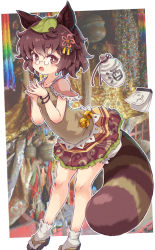Rule 34 | 1girl, animal ears, bell, bloomers, blush, breasts, brown shirt, brown skirt, feet out of frame, full body, futatsuiwa mamizou, glasses, hair ornament, highres, jingle bell, kolshica, leaf, leaf hair ornament, leaf on head, looking at viewer, open mouth, pince-nez, raccoon ears, raccoon tail, sandals, shirt, short sleeves, skirt, small breasts, socks, standing, tail, tanuki, touhou, underwear, white bloomers, white socks