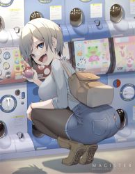 Rule 34 | 1girl, artist name, ass, backpack, bag, black hair, black pantyhose, blue eyes, boots, breasts, denim, denim skirt, fang, from behind, full body, gashapon, grey hair, grey shirt, hand on own knee, hand up, highres, holding, large breasts, looking at viewer, looking back, lower teeth only, magister, miniskirt, multicolored hair, open mouth, pantyhose, pantylines, patreon username, raised eyebrows, shadow, shirt, short hair, short sleeves, skin fang, skirt, smile, smug, solo, squatting, teeth, thighs, tiptoes, tongue, two-tone hair, uzaki-chan wa asobitai!, uzaki hana, watermark, web address