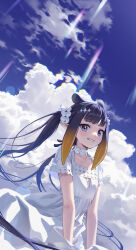 Rule 34 | 1girl, absurdres, alternate costume, alternate hairstyle, blue sky, blunt bangs, blush, choker, cloud, cloudy sky, collarbone, commentary, day, dress, eyelashes, floating hair, gradient hair, grin, hair ornament, highres, hololive, hololive english, kojy, lens flare, long hair, looking at viewer, mole, mole under eye, multicolored hair, ninomae ina&#039;nis, orange hair, outdoors, pointy ears, purple eyes, purple hair, short sleeves, sidelocks, sky, smile, solo, teeth, tentacle hair, twintails, very long hair, virtual youtuber, white choker, white dress