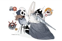 Rule 34 | ?, aged up, arrow (symbol), artist name, brown scarf, cape, dated, grey background, grimmchild, highres, holding, hollow knight, k-bone, knight (hollow knight), mask, middle finger, needle, quirrel, radiance (hollow knight), scarf, simple background, speech bubble, spoken x, weapon