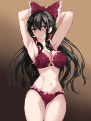 Rule 34 | 1girl, :s, armpits, arms behind head, arms up, black hair, bow, bra, breasts, floral print, frilled bow, frills, gradient background, hair bow, hair ribbon, hair tubes, hakurei reimu, kaeranu kaeru, lace, lace-trimmed panties, lace trim, large breasts, long hair, navel, one-hour drawing challenge, orange background, panties, red bow, red bra, red eyes, red panties, ribbon, sidelocks, touhou, underwear, underwear only, yellow bow, yellow ribbon