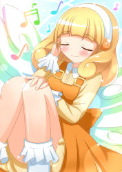 Rule 34 | 10s, 1girl, blonde hair, bobby socks, casual, closed eyes, dress, hairband, highres, kise yayoi, musical note, precure, quaver, short hair, sitting, smile, smile precure!, socks, solo, white hairband, wings, xenon (for achieve)