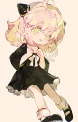 Rule 34 | 1girl, absurdres, ahoge, anya (spy x family), black dress, black footwear, chibi, child, dress, full body, green eyes, hairpods, happy, highres, mangmuze, mary janes, medium hair, neck ribbon, open mouth, pink hair, ribbon, shoes, simple background, sleeves past elbows, smile, socks, solo, spy x family, white background, white ribbon, white socks