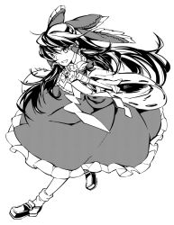 Rule 34 | 1girl, bow, female focus, flower, frilled skirt, frills, full body, gohei, greyscale, hair bow, hair tubes, hakurei reimu, halftone, holding, leg up, loafers, long hair, looking at viewer, monochrome, nakatani, open mouth, ribbon-trimmed sleeves, ribbon trim, shoes, simple background, skirt, smile, socks, solo, touhou, wide sleeves