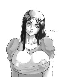 Rule 34 | 1girl, alice: madness returns, alice (alice in wonderland), alice in wonderland, alice liddell (american mcgee&#039;s alice), american mcgee&#039;s alice, american mcgee's alice, areola slip, artist request, breasts, cleavage, collarbone, dress, female focus, large breasts, lip biting, looking at viewer, mole, monochrome, nipple slip, nipples, parted lips, solo, teeth, tilted head, upper body, white background