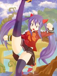 Rule 34 | 1girl, absurdres, arms up, black skirt, black thighhighs, blue panties, blue sky, bow, clenched hands, day, fairy tail, female focus, hair ornament, highres, kicking, leg up, long hair, long sleeves, looking at viewer, mushroom, no shoes, open mouth, orange bow, orange eyes, orange footwear, outdoors, panties, partially visible vulva, planeptune, pleated skirt, purple hair, red shirt, sandals, shiny skin, shirt, shoes, skirt, sky, solo, spread legs, standing, standing on one leg, teeth, thighhighs, twintails, underwear, upskirt, wendy marvell