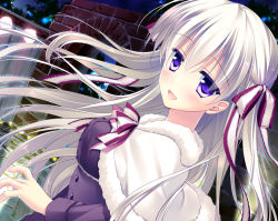 Rule 34 | 1girl, :d, arch, blurry, blush, bokeh, brick wall, buttons, capelet, depth of field, dutch angle, eyes visible through hair, from side, hair ribbon, long hair, long sleeves, looking at viewer, looking back, motomiya mitsuki, night, open mouth, original, outdoors, pink eyes, purple eyes, ribbon, smile, solo, two side up, white hair, wind