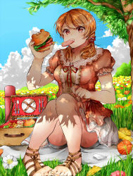 Rule 34 | 1girl, bad id, bad pixiv id, breasts, brown hair, cloud, day, eating, feet, field, flower, flower field, food, burger, highres, nappa (mukudoku6996), original, picnic, puffy sleeves, red eyes, sandals, short hair, sitting, skirt, sky, solo, toes, tree, twintails