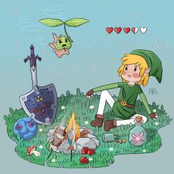 1boy apolline_madeleine arm_support belt blonde_hair blush_stickers bottle brown_footwear chuchu_(zelda) commentary creature fairy fingerless_gloves fire fish gloves grass green_hat green_tunic hat health_bar heart highres korok link master_sword mushroom nintendo no_nose pants planted planted_sword planted_weapon pointy_ears pointy_hat shield signature sitting sword the_legend_of_zelda the_legend_of_zelda:_breath_of_the_wild the_legend_of_zelda:_the_wind_waker tomato tunic weapon white_pants