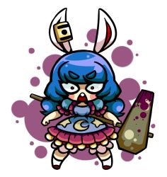 Rule 34 | 1girl, angry, animal ears, blue hair, blush stickers, buck teeth, chestnut mouth, chibi, constricted pupils, crescent, earclip, full body, kine, low twintails, mallet, peachems (gemu), rabbit ears, red eyes, seiran (touhou), solo, stance, star (symbol), teeth, touhou, transparent background, twintails