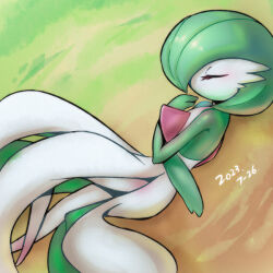 Rule 34 | 1girl, blush, bob cut, closed eyes, colored skin, creatures (company), dated, day, dutch angle, female focus, flat chest, from above, from side, full body, game freak, gardevoir, gen 3 pokemon, grass, green hair, green skin, hair over one eye, hand up, light blush, lying, multicolored skin, nintendo, on ground, on side, one eye covered, outdoors, pmmiaomiao, pokemon, pokemon (creature), profile, short hair, sleeping, solo, two-tone skin, u u, white skin