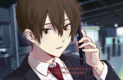 Rule 34 | 1boy, black jacket, brown eyes, brown hair, chinese commentary, collared shirt, eyes visible through hair, formal, hair between eyes, holding, jabuchi you, jacket, kitakawayui, lapels, light particles, necktie, notched lapels, open mouth, red necktie, saibou shinkyoku, shirt, short hair, solo, suit, suit jacket, white shirt