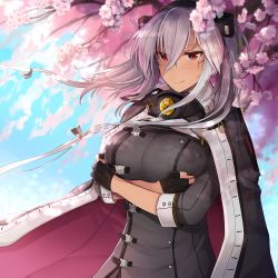 Rule 34 | 1girl, absurdres, black gloves, black nails, blush, breasts, cape, cherry blossoms, closed mouth, collar, crossed arms, dark-skinned female, dark skin, day, glasses, gloves, grey jacket, headgear, highres, jacket, kantai collection, large breasts, long hair, looking at viewer, metal collar, musashi (kancolle), musashi kai ni (kancolle), nail polish, outdoors, partially fingerless gloves, red eyes, sidelocks, silver hair, smile, solo, standing, twintails, upper body, very long hair, yunamaro