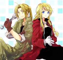 Rule 34 | 1boy, 1girl, aqua background, automail, back-to-back, blonde hair, blouse, blue eyes, braid, braided ponytail, brown gloves, coat, commentary, cosplay, edward elric, edward elric (cosplay), eyes visible through hair, fullmetal alchemist, gloves, green pants, green shirt, hand on own arm, holding, holding wrench, looking at viewer, own hands together, pants, polka dot, polka dot background, ponytail, red coat, shirt, sitting, smile, square, symbol-only commentary, tsukuda0310, two-tone background, white background, white gloves, winry rockbell, winry rockbell (cosplay), wrench, yellow eyes