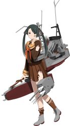 Rule 34 | 1girl, black hair, brown neckerchief, brown sailor collar, brown serafuku, brown skirt, burnt clothes, damaged, dirt on face, full body, hair ribbon, hand on own face, highres, kantai collection, long hair, long sleeves, looking at viewer, machinery, mikuma (kancolle), mikuma kai ni (kancolle), neckerchief, official art, open mouth, pleated skirt, ribbon, sailor collar, school uniform, serafuku, shibafu (glock23), skirt, smile, solo, third-party source, transparent background, turret, twintails