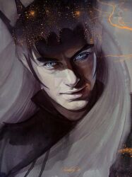 Rule 34 | 1boy, artist name, blue eyes, highres, kimberly80, light smile, long hair, looking at viewer, md5 mismatch, melkor, portrait, red lightning, resolution mismatch, signature, solo, source larger, the silmarillion, tolkien&#039;s legendarium, tolkien's legendarium, watermark, white hair