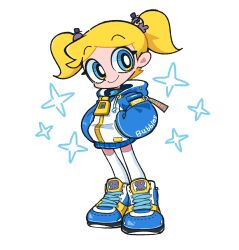 Rule 34 | 1girl, blonde hair, blue eyes, blue footwear, blue hoodie, bubbles (ppg), character name, commentary, english commentary, hands in pockets, highres, hood, hoodie, kim crab, light blush, looking at viewer, octopus hair ornament, parted bangs, powerpuff girls, shoes, short bangs, short hair, short twintails, simple background, smile, sneakers, solo, sparkle, standing, thighhighs, toon (style), twintails, two-tone hoodie, very big eyes, white background, white thighhighs, zettai ryouiki