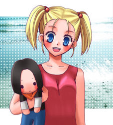 Rule 34 | 1girl, android 17, bare arms, beads, blonde hair, blue eyes, blush, breasts, carrying, cleavage, collarbone, doll, dragon ball, dragonball z, dress, facing viewer, female focus, hair beads, hair ornament, hair tie, happy, holding, holding doll, looking at viewer, lowres, marron (dragon ball), medium hair, open mouth, orange scarf, red dress, scarf, sleeveless, sleeveless dress, small breasts, smile, solo, standing, teeth, tongue, twintails, upper body
