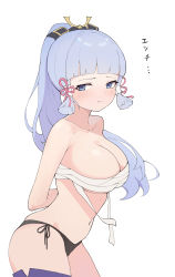 Rule 34 | ..., 1girl, absurdres, arms behind back, ayaka (genshin impact), bandages, bare shoulders, black panties, blue eyes, blue hair, blunt bangs, blush, breasts, cleavage, genshin impact, hair ornament, half-closed eyes, highres, looking at viewer, medium breasts, panties, ponytail, pout, quel (quel1111), sarashi, side-tie panties, sidelocks, simple background, text focus, translation request, underwear, white background, white hair