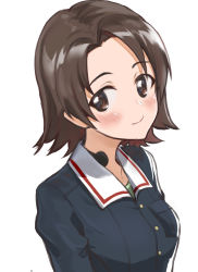 Rule 34 | 1girl, blue jacket, blush, brown eyes, brown hair, closed mouth, girls und panzer, highres, jacket, looking at viewer, mamu t7s, ooarai military uniform, sawa azusa, short hair, simple background, sketch, smile, solo, upper body, white background