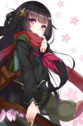 Rule 34 | 1girl, absurdres, bag, black hair, black sailor collar, black serafuku, black shirt, black skirt, blunt bangs, blush, commentary request, girls&#039; frontline, gun, hair ornament, highres, holding, holding gun, holding weapon, j young, long hair, long sleeves, looking at viewer, neckerchief, parted lips, pleated skirt, purple neckerchief, red eyes, red scarf, rifle, sailor collar, scarf, school uniform, serafuku, shirt, shoulder bag, skirt, solo, submachine gun, type 100 (girls&#039; frontline), type 100 smg, very long hair, weapon