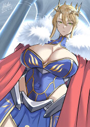 Rule 34 | 1girl, absurdres, artoria pendragon (fate), artoria pendragon (lancer) (fate), blonde hair, breasts, cape, cleavage, cleavage cutout, clothing cutout, covered navel, crown, fate/grand order, fate (series), fur trim, green eyes, hair between eyes, highleg, highleg leotard, highres, huge breasts, large breasts, leotard, navel, red cape, shaded face, shiki (love-saber), signature, solo, waist cape