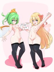 Rule 34 | 2girls, :q, arban, arm up, black legwear, blonde hair, blue eyes, blush, bow, breasts, closed mouth, contrapposto, daiyousei, english text, fairy wings, full body, green eyes, green hair, hair bow, highres, holding, lily white, long hair, looking at viewer, multiple girls, naughty face, navel, nipples, nude, open mouth, pink background, pussy, red bow, short hair, side ponytail, simple background, small breasts, smile, standing, thighhighs, tongue, tongue out, touhou, white wings, wings