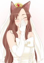 Rule 34 | 1girl, animal ears, bare shoulders, blush, bridal veil, brown hair, closed eyes, collarbone, colored eyelashes, covering own mouth, detached sleeves, dress, elbow gloves, female focus, gloves, gradient background, grin, hand over own mouth, head tilt, imaizumi kagerou, jewelry, long hair, pink background, poronegi, sidelocks, smile, solo, strapless, strapless dress, tiara, touhou, upper body, veil, wedding dress, white background, white dress, white gloves, wolf ears